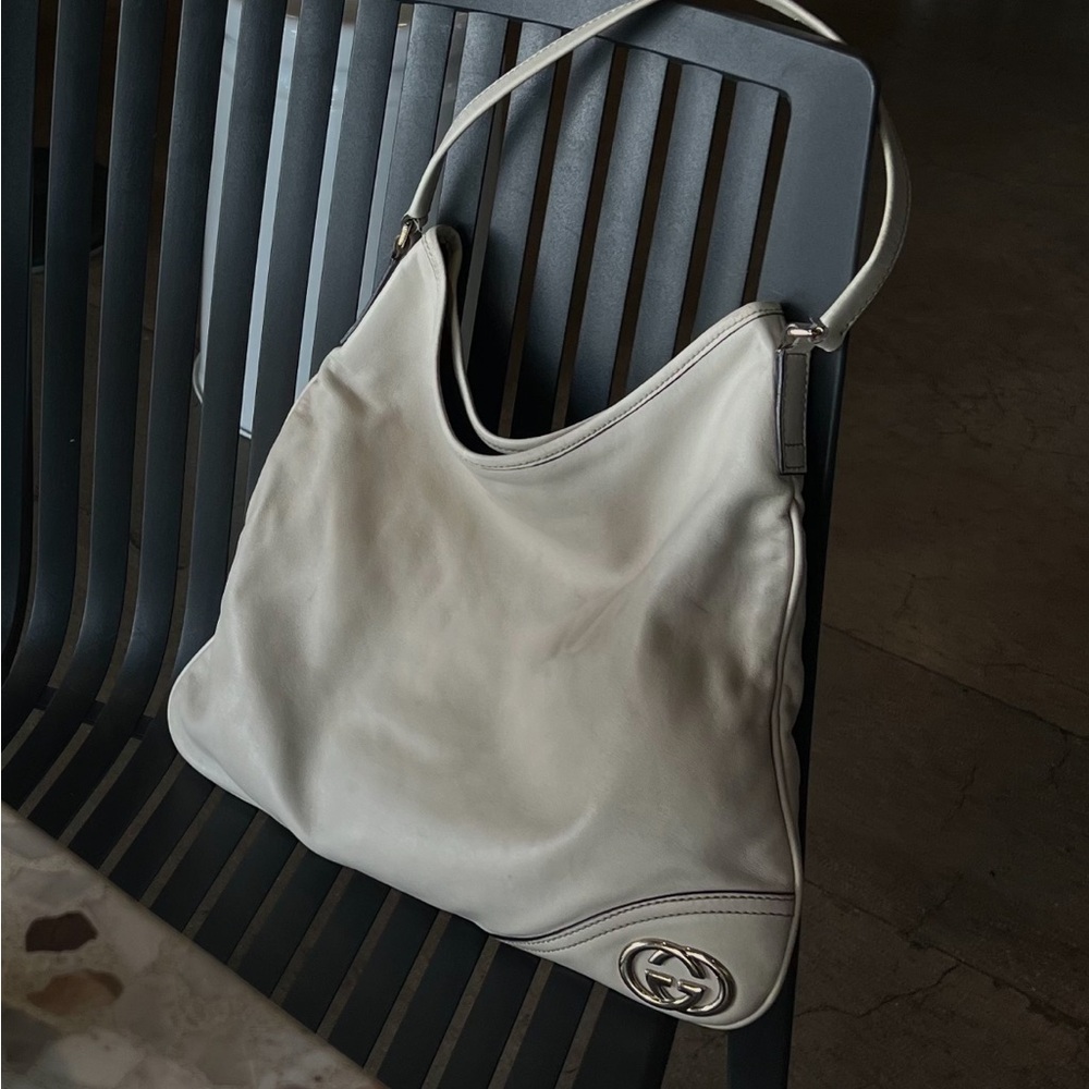 Gucci Light Gray Leather Shoulder Bag with Silver Hardware